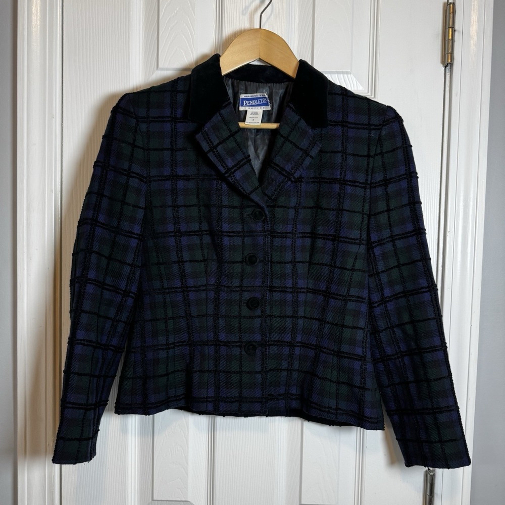 VTG PENDLETON Wool Blazer Women's Petite‎ 2 Jacket Green Blue Black Plaid Tartan